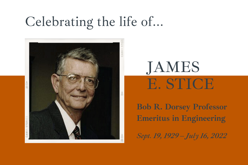 Graphic with a head shot photo of Jim Stice in his later years of teaching. He's wearing a suit and tie and eye glasses. The graphic reads, 