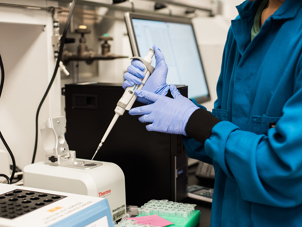 gloved hand with pipette and machine in lab