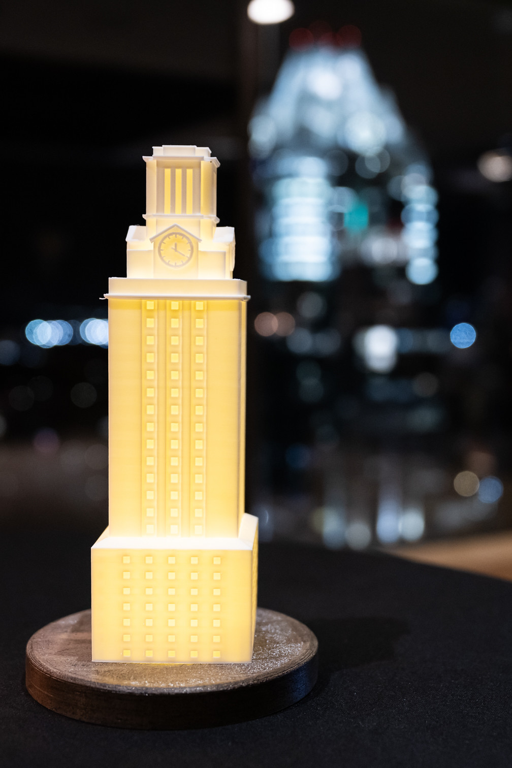 Replica of the UT Tower lit up next to Empire State Building in New York City